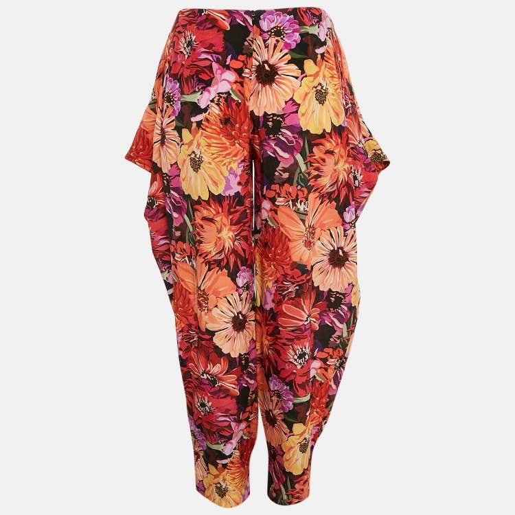 Pre Owned Stella McCartney Red Floral Print Silk Tie-Up Trousers S