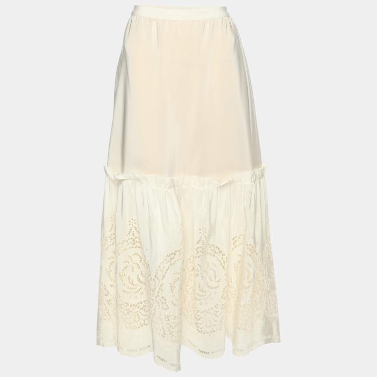 Pre Owned Stella McCartney Light Blush Pink Silk Broderie Anglaise Long Skirt M
