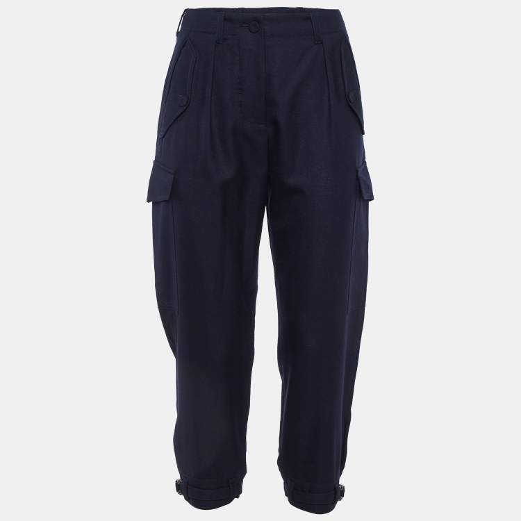 Pre Owned Stella McCartney Navy Blue Wool Belted Cuff Detail Trousers M