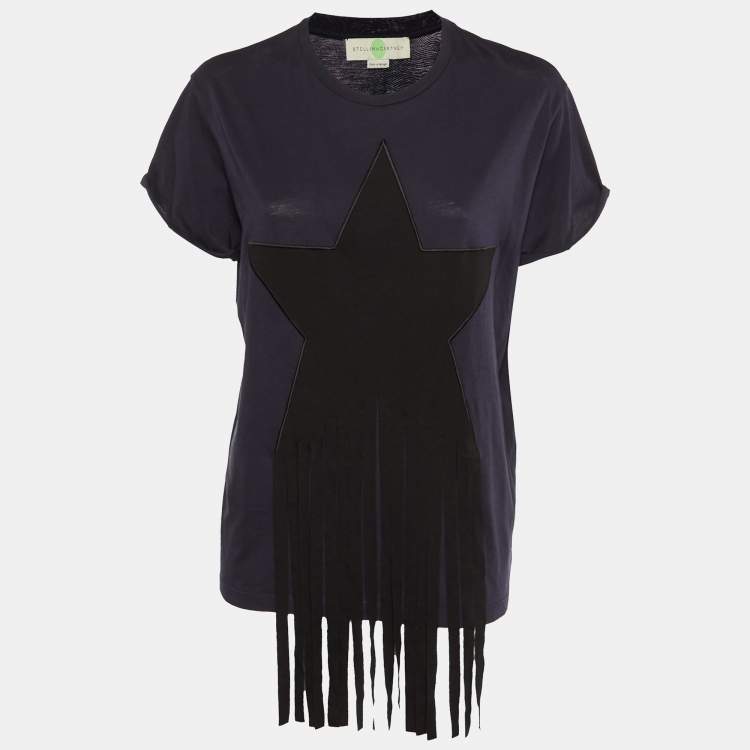 Pre Owned Stella McCartney Navy Blue Cotton Knit Stra Fringed T-Shirt M