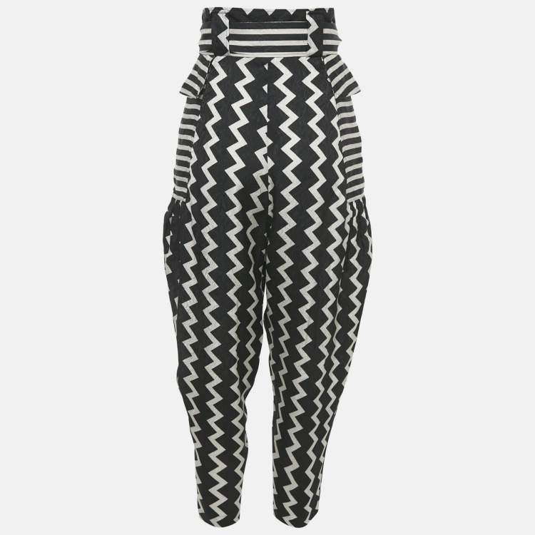 Pre Owned Stella McCartney Black/White Striped Jacquard Silk Belted Trousers S