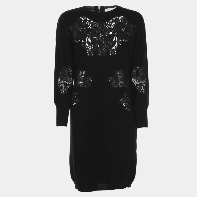 Pre Owned Stella McCartney Black Wool Knit Floral Embroidered Dress M