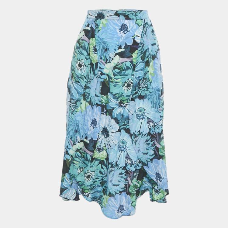 Pre Owned Stella McCartney Blue /Green Floral Print Silk Wrap Style Midi Skirt S 