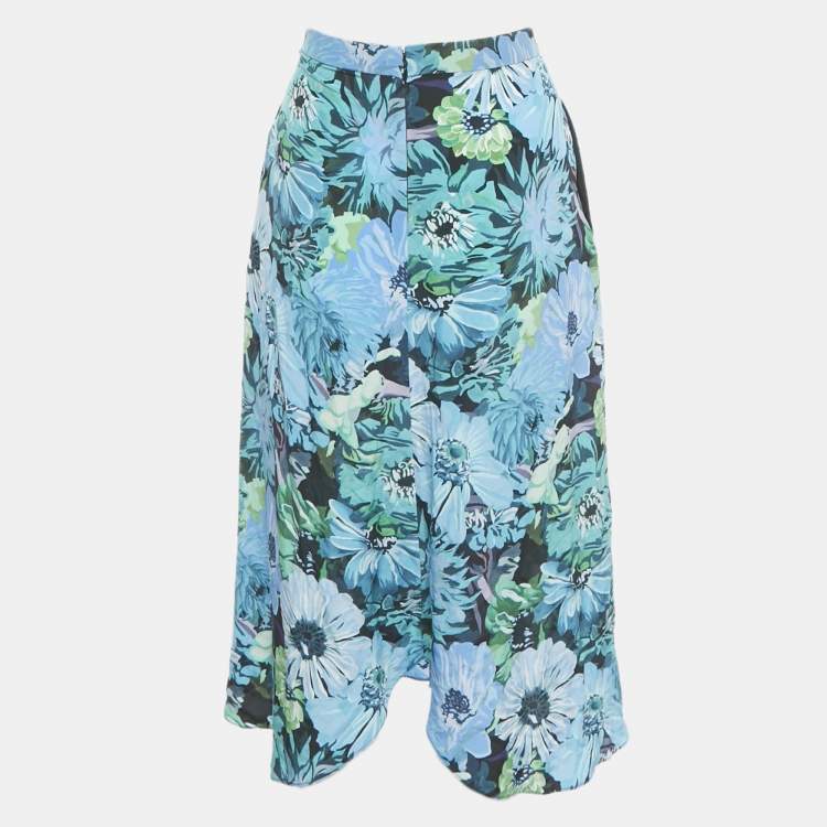 Pre Owned Stella McCartney Blue /Green Floral Print Silk Wrap Style Midi Skirt S 