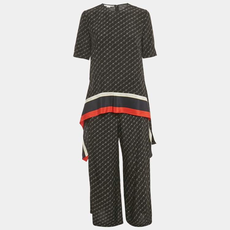 Pre Owned Stella McCartney Black Logo Print Silk Top & Pants Set S 