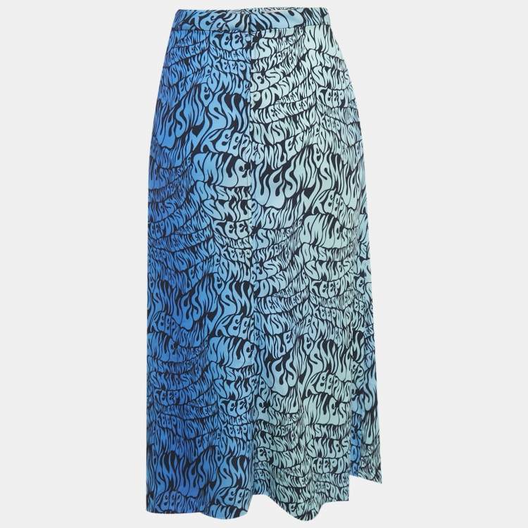 Pre Owned Stella McCartney Blue Printed Crepe de Chine Midi Skirt XS