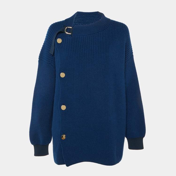 م ملوكة مسبقًا Stella McCartney Blue Wool Rib Knit Asymmetrical Buttoned Cardigan S