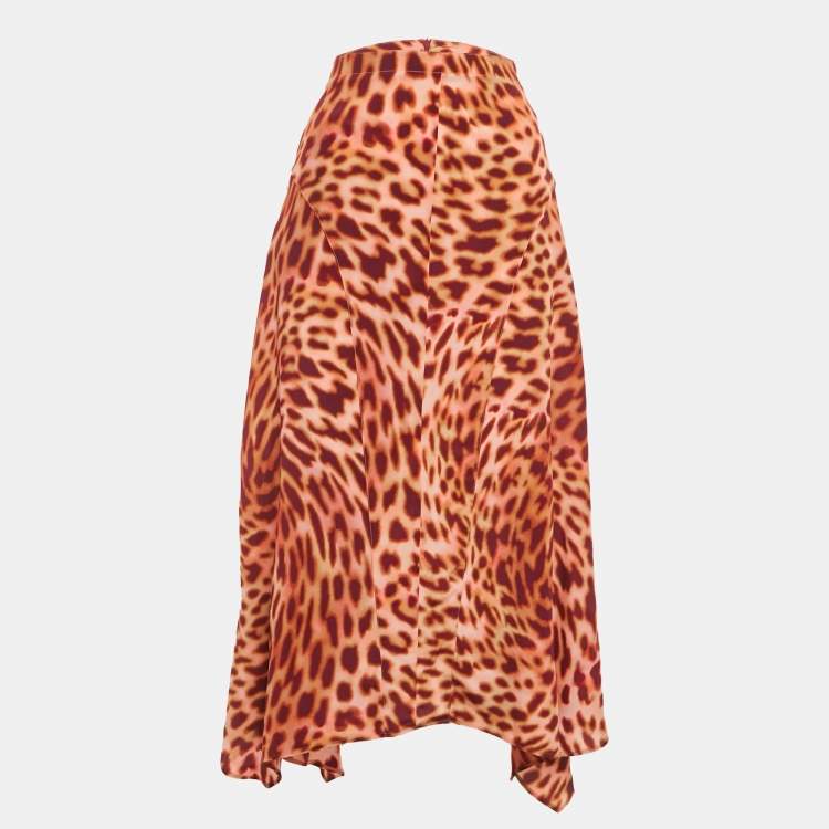 Pre Owned Stella McCartney Brown Leopard Print Silk Asymmetric Midi Skirt M