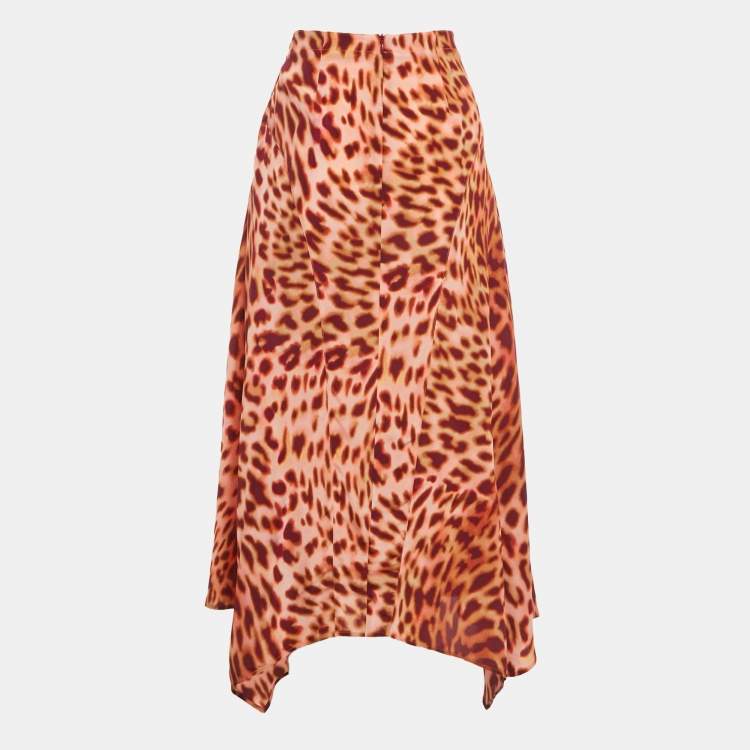 Pre Owned Stella McCartney Brown Leopard Print Silk Asymmetric Midi Skirt M