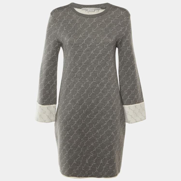 Pre Owned Stella McCartney Grey /Cream Logo Wool Knit Mini Dress M