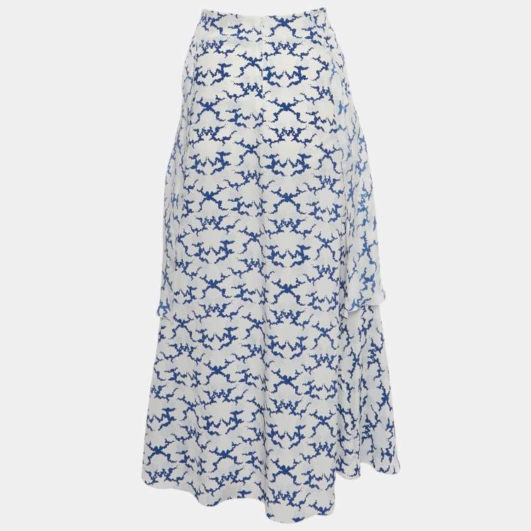 Pre Owned Stella McCartney White Printed Silk Ruffled Midi Skirt M