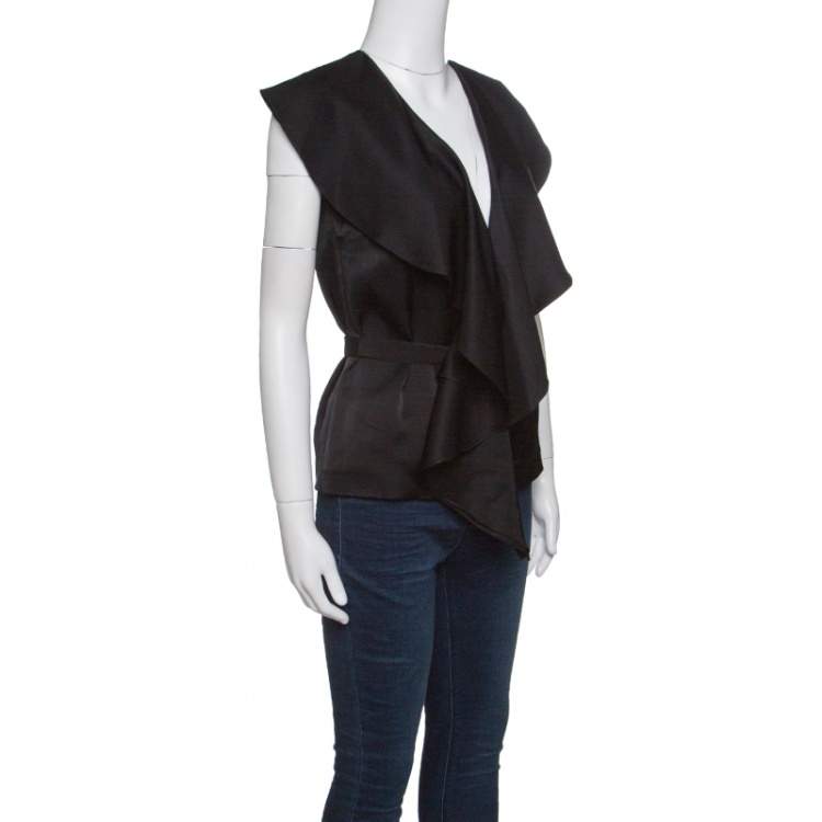 Pre Owned Stella McCartney Black Satin Ruffled Neck Waist Tie Detail Sleeveless Top S
