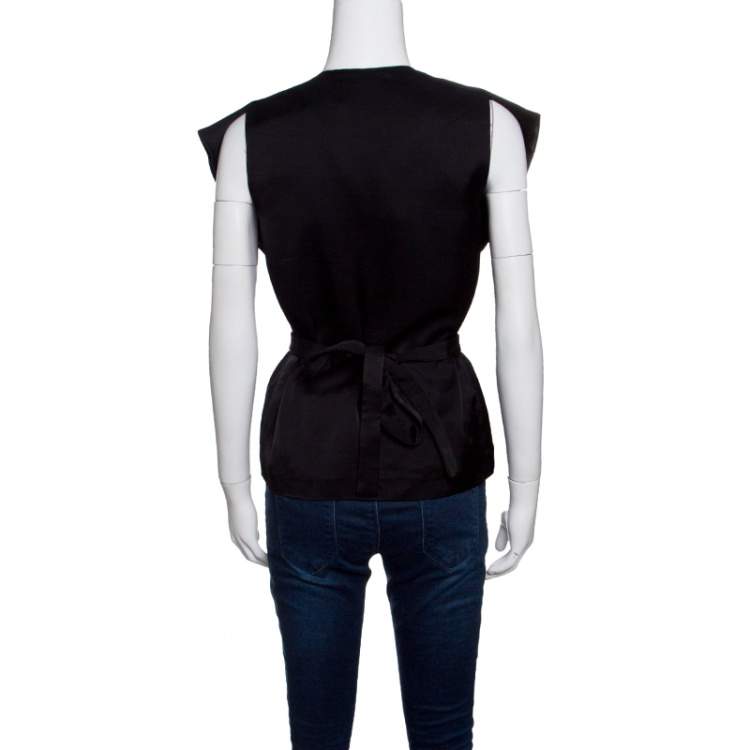 Pre Owned Stella McCartney Black Satin Ruffled Neck Waist Tie Detail Sleeveless Top S