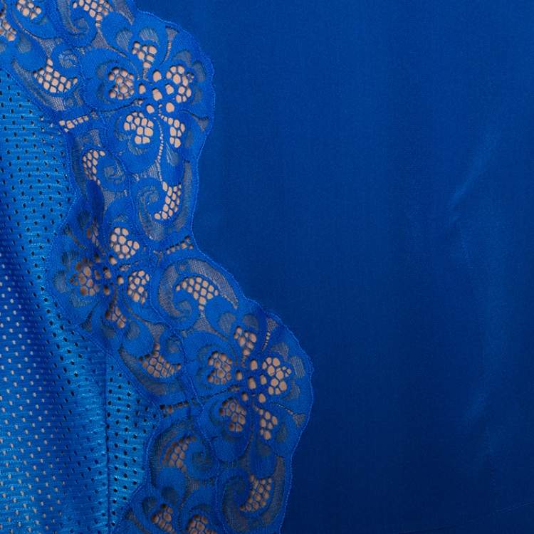Pre Owned Stella McCartney Blue Floral Lace Insert Mesh Paneled Silk Dress S