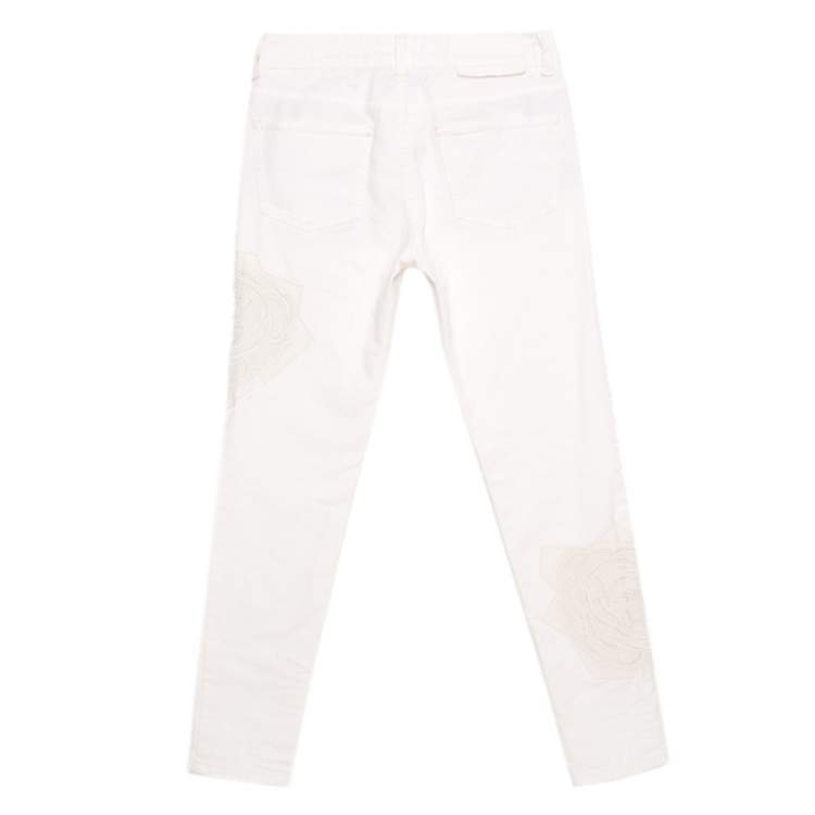 Pre Owned Stella McCartney White Cotton Stretch Rose Embroidered Applique Skinny Jeans S