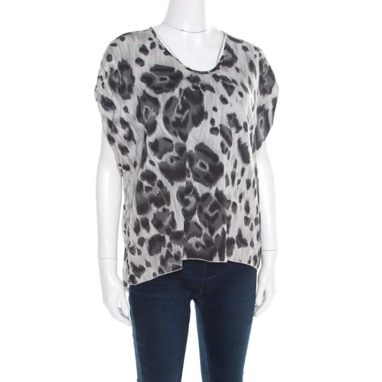 Pre Owned Stella McCartney Grey Peony Animal Print Silk Pleated Sleeve Boxy Blouse M