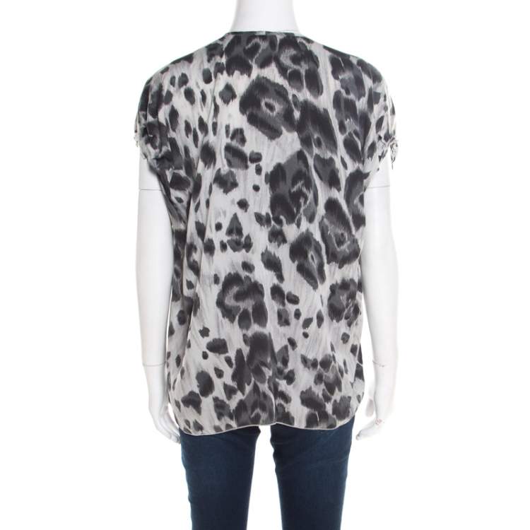 Pre Owned Stella McCartney Grey Peony Animal Print Silk Pleated Sleeve Boxy Blouse M