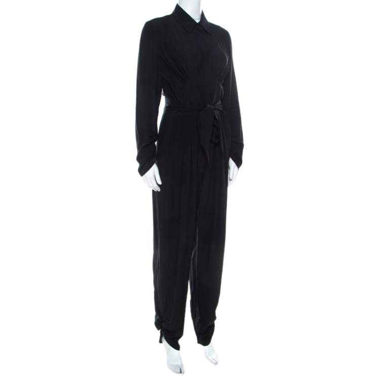 Pre Owned Stella McCartney Black Silk Ruched Detail Belted Jumpsuit S