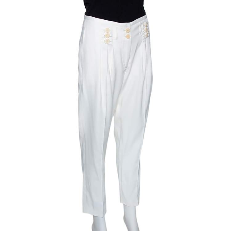 Pre Owned Stella McCartney Cream Coated Silk Button Detail Tapered Trousers S
