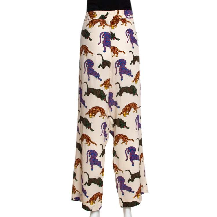 مملوكة مسبقًا  Stella McCartney Cream Wild Cat Printed Silk Elasticized Waist Christine Pants M