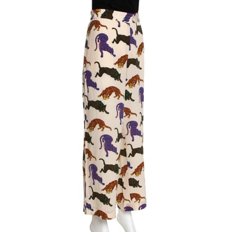 مملوكة مسبقًا  Stella McCartney Cream Wild Cat Printed Silk Elasticized Waist Christine Pants M