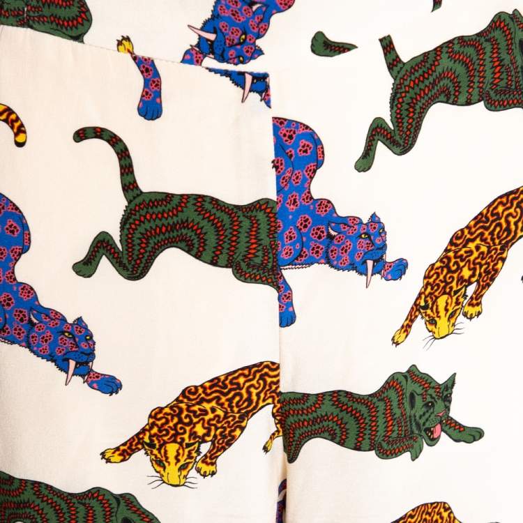 مملوكة مسبقًا  Stella McCartney Cream Wild Cat Printed Silk Elasticized Waist Christine Pants M