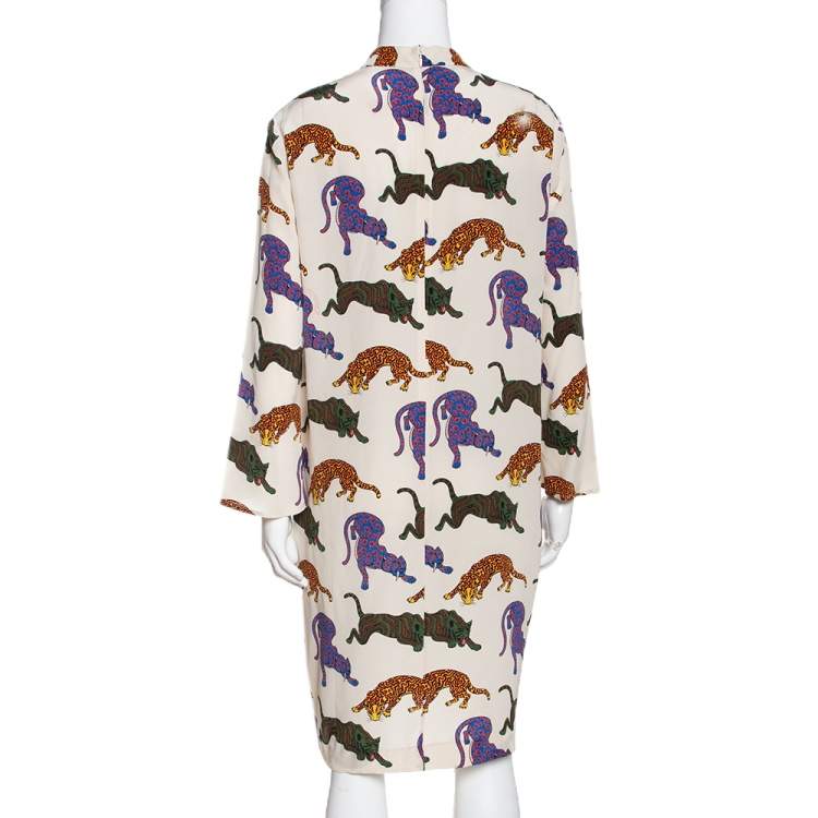 Pre Owned Stella McCartney Cream Wild Cat Print Silk Short Dress M