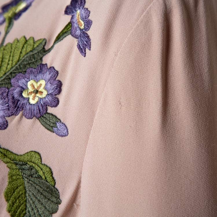 Pre Owned Stella McCartney Beige Floral Embroidered Crepe V Neck Sheath Dress M 