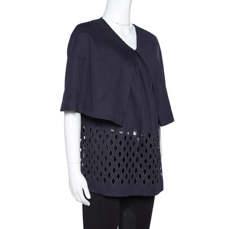 Pre Owned Stella McCartney Navy Blue Cutout Cotton Cape Sleeve Top S