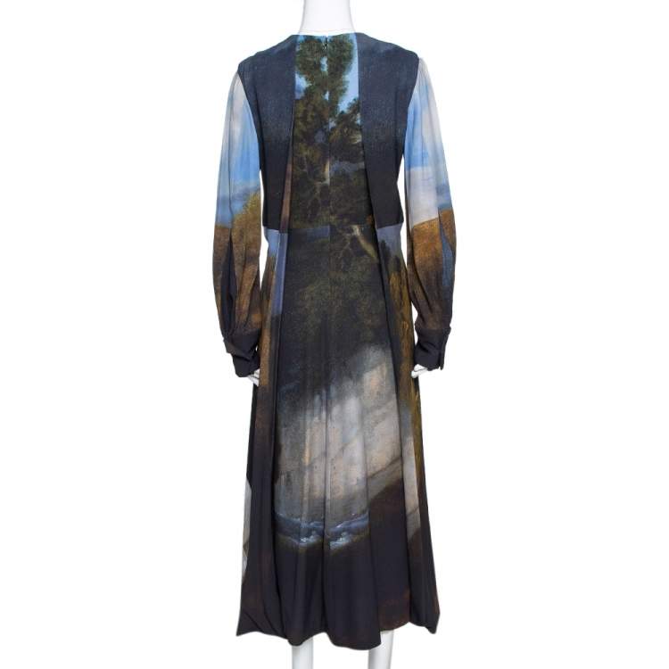 Pre Owned Stella McCartney Blue Stubbs Horse Print Side Slit Detail Midi Dress S