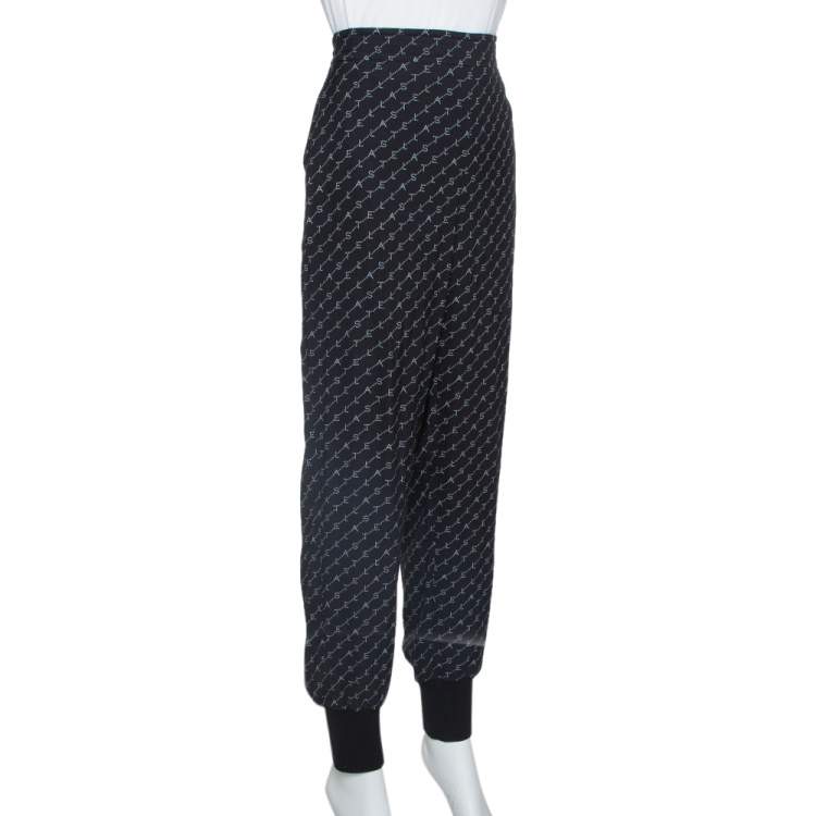 Pre Owned Stella McCartney Black Logo Print Silk Blend Jogger Pants L