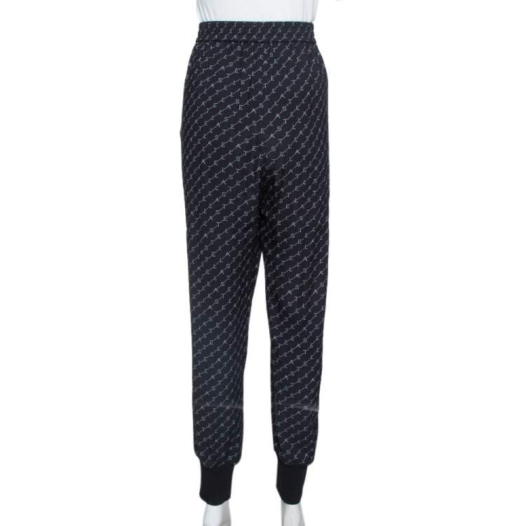 Pre Owned Stella McCartney Black Logo Print Silk Blend Jogger Pants L