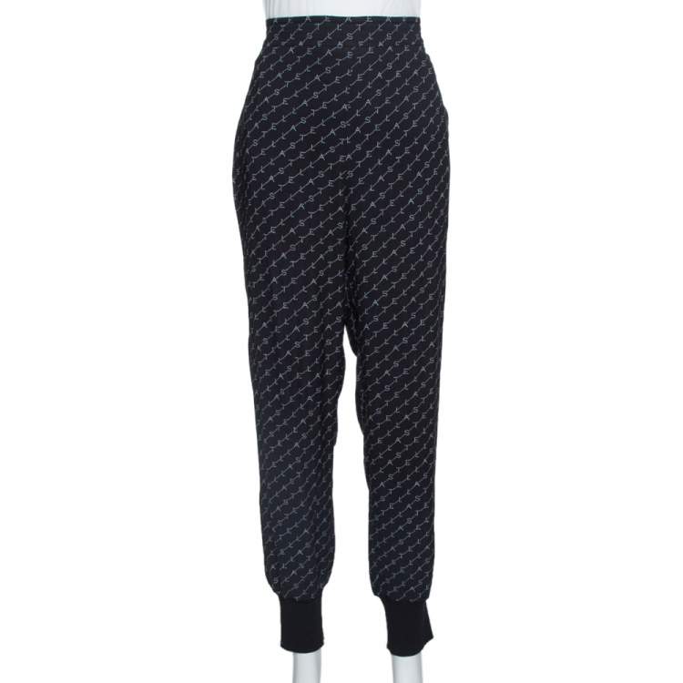 Pre Owned Stella McCartney Black Logo Print Silk Blend Jogger Pants L
