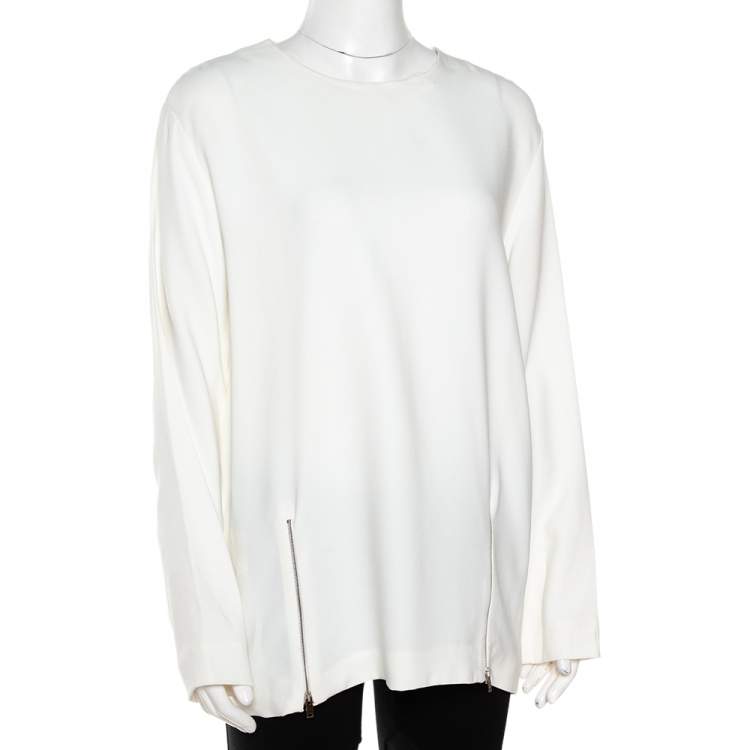 Pre Owned Stella McCartney White Crepe Zip Detail Long Sleeve Blouse L