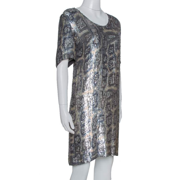 Pre Owned Stella McCartney Metallic Sequin Embellished Short Sleeve Shift Dress M