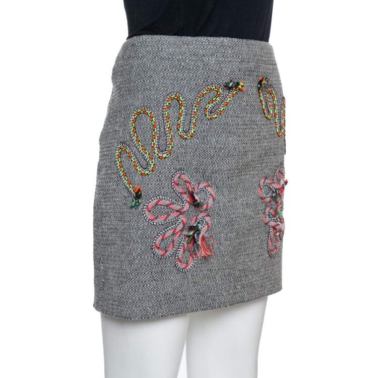 Pre Owned Stella McCartney Grey Tweed Embroidered Mini Skirt M