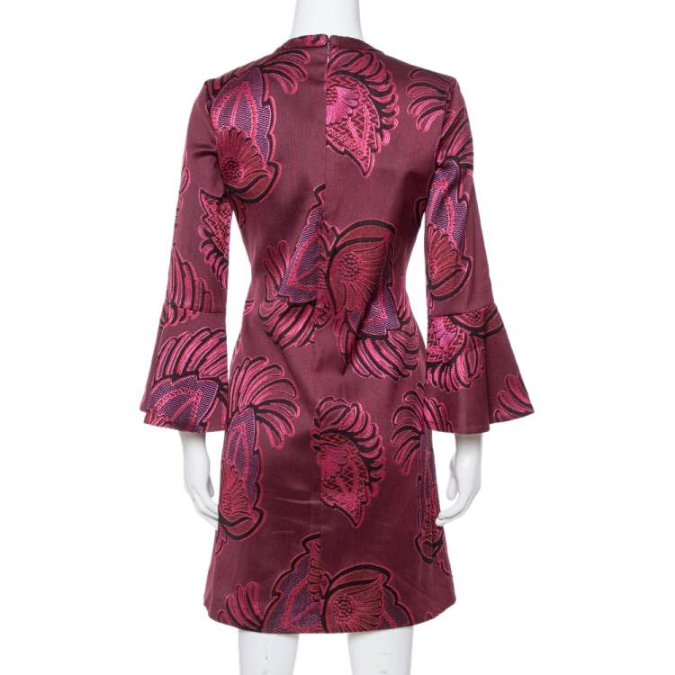Pre Owned Stella McCartney Burgundy Floral Jacquard Wool Long Sleeve Dress M