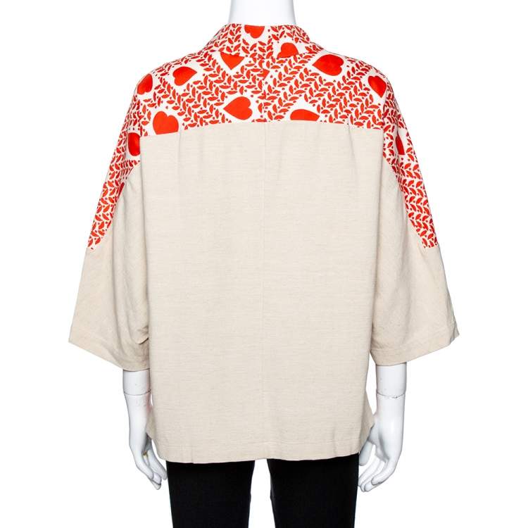 Pre Owned Stella McCartney Orange Hearts Print Silk & Linen Paneled Blouse L