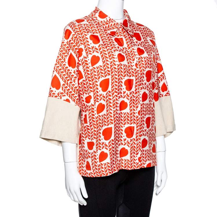 Pre Owned Stella McCartney Orange Hearts Print Silk & Linen Paneled Blouse L