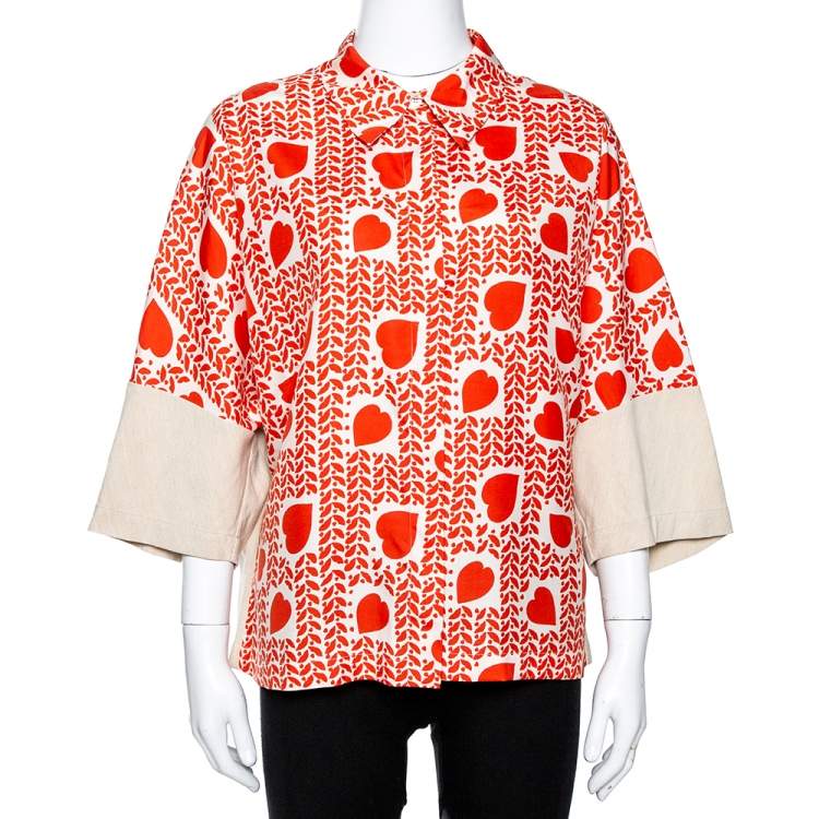 Pre Owned Stella McCartney Orange Hearts Print Silk & Linen Paneled Blouse L