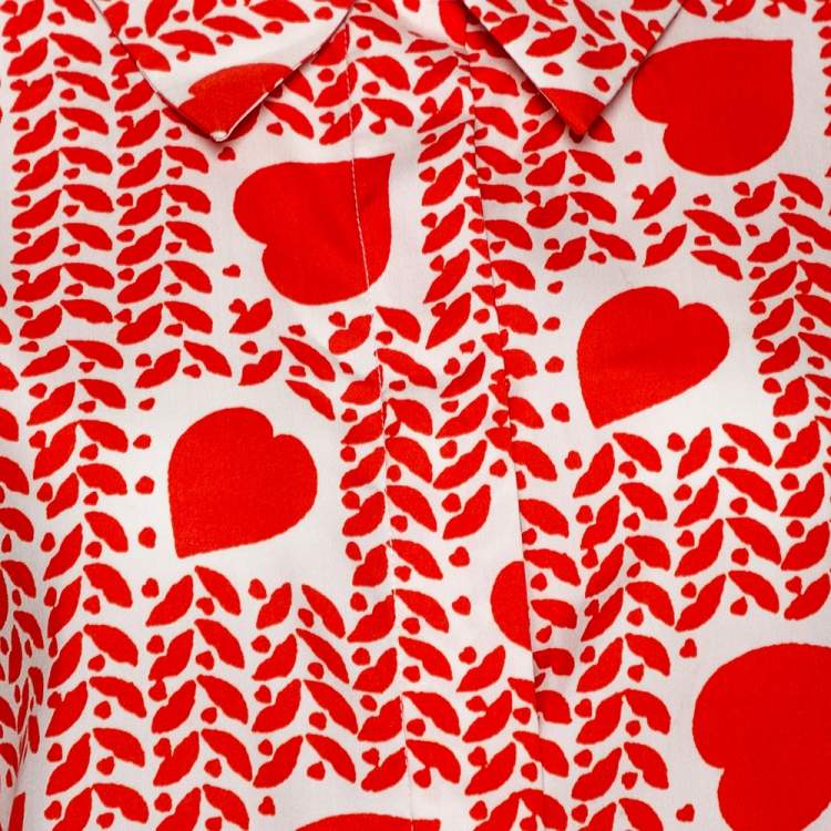 Pre Owned Stella McCartney Orange Hearts Print Silk & Linen Paneled Blouse L