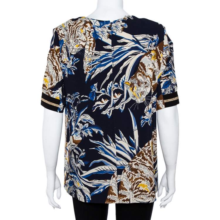 Pre Owned Stella McCartney Navy Stretch Crepe Cat Print Blouse L
