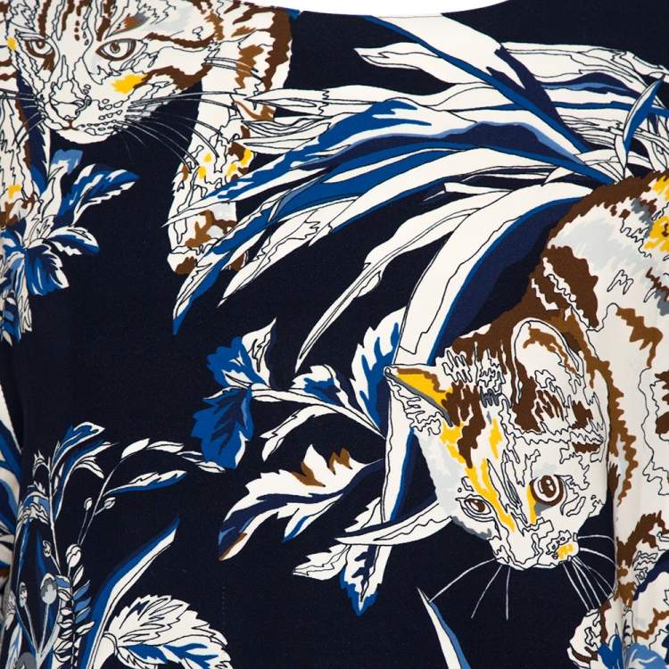 Pre Owned Stella McCartney Navy Stretch Crepe Cat Print Blouse L