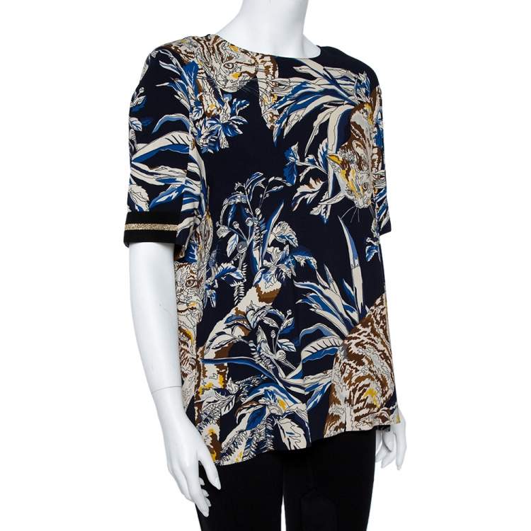 Pre Owned Stella McCartney Navy Stretch Crepe Cat Print Blouse L