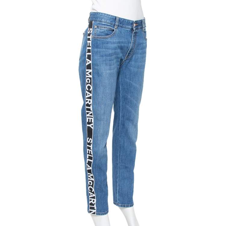 Pre Owned Stella McCartney Blue Denim Logo Tape Detail Straight Leg Jeans M