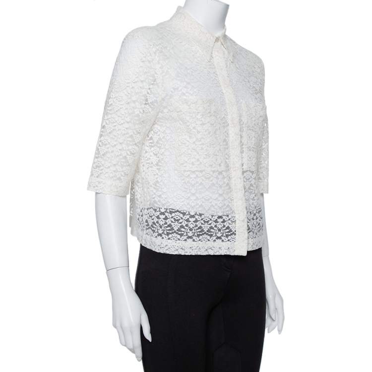 Pre Owned Stella McCartney Cream Lace Button Front Sheer Crop Top M
