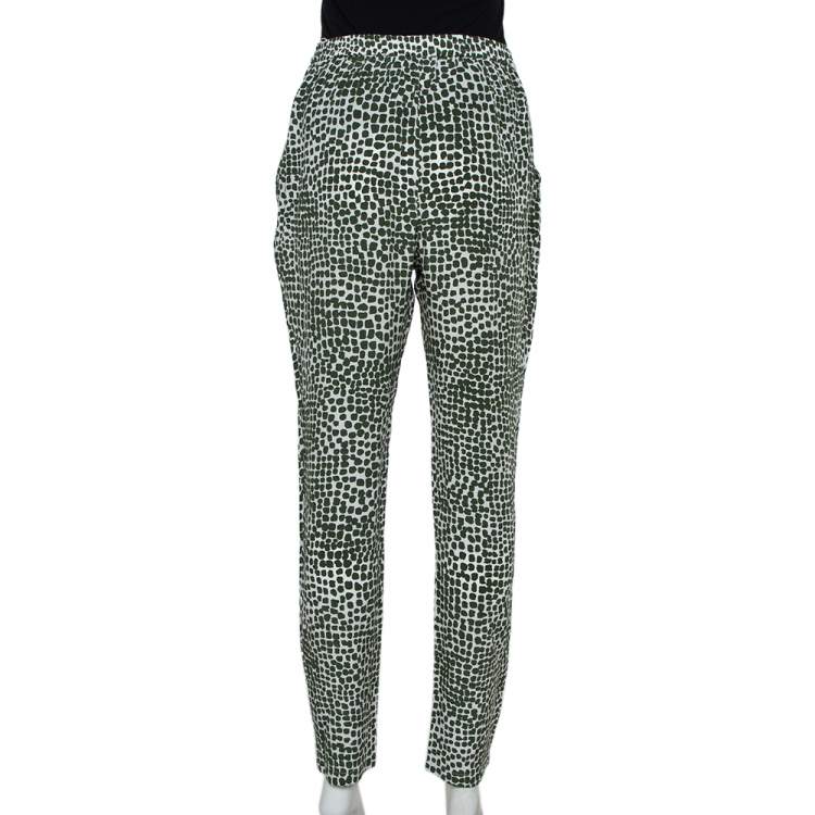 Pre Owned Stella McCartney Green & White Printed Silk Elastic Waist Trousers S