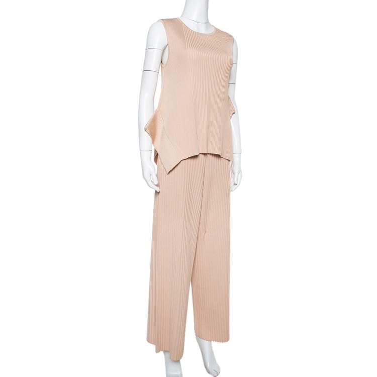 Pre Owned Stella McCartney Beige Rib Knit Sleeveless Flared Top & Flared Pants Set S
