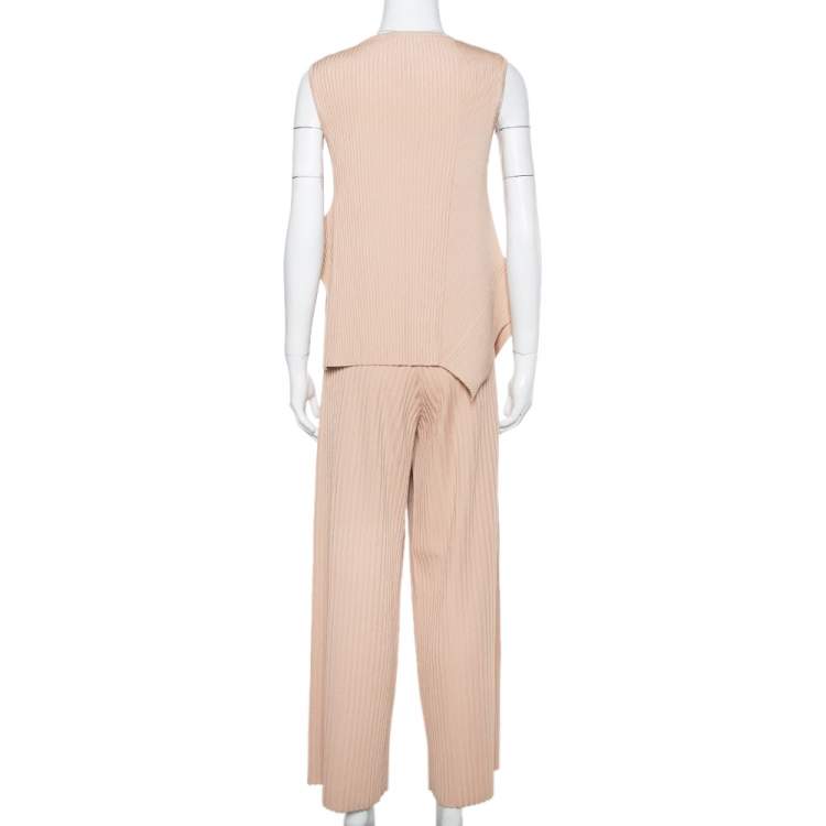 Pre Owned Stella McCartney Beige Rib Knit Sleeveless Flared Top & Flared Pants Set S