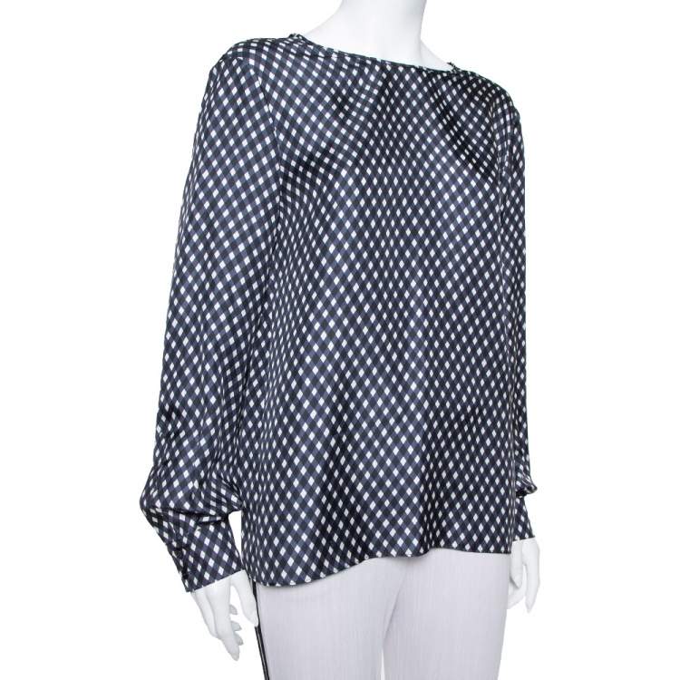 Pre Owned Stella McCartney Navy Blue Check Patterned Silk Oversized Top S